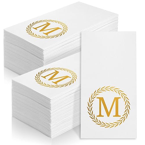 100 Gold Monogram Disposable Napkins Letter M Hand Towels Decorative Dinner Napkins for Guest Monogrammed Hand Towels for Bathroom Wedding Birthday Party Baby Shower